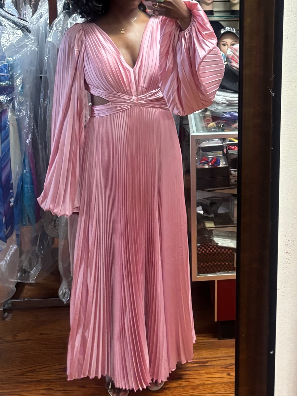 MacDuggal Pink Pleated Long Sleeve Satin Dress - Picture 1 of 5